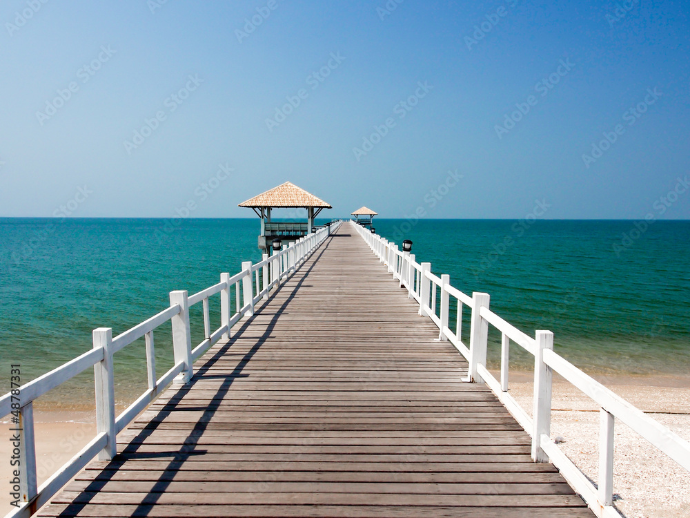 wooden bridge to the beach in sunny day