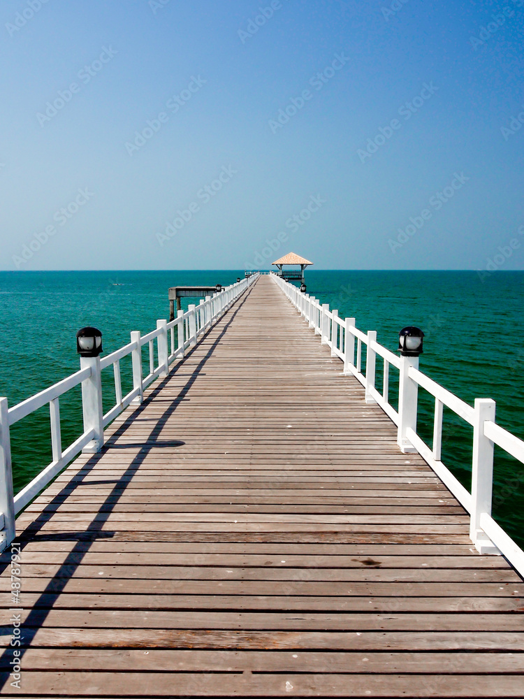 wooden bridge to the sea in sunny day
