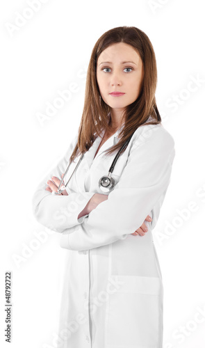 Portrait of young doctor woman with a stethoscope isolated on a