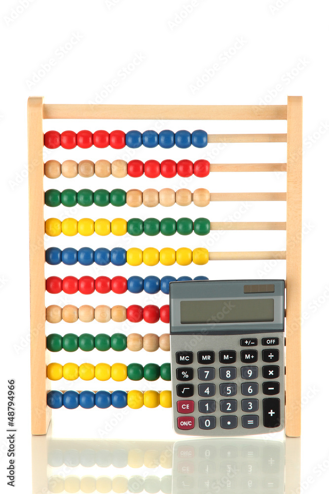 Bright wooden toy abacus and calculator, isolated on white Bright wooden toy abacus and calculator, isolated on white