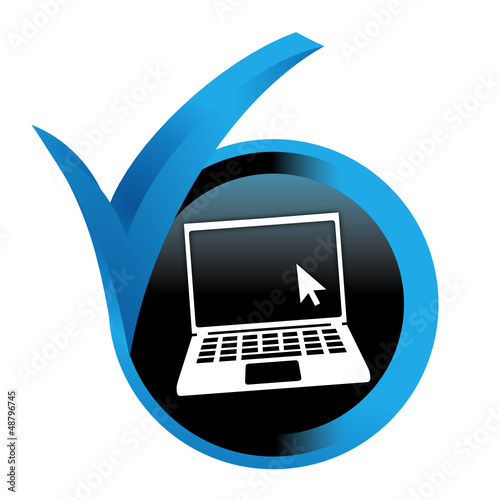 ordinateur portable sur bouton validé bleu