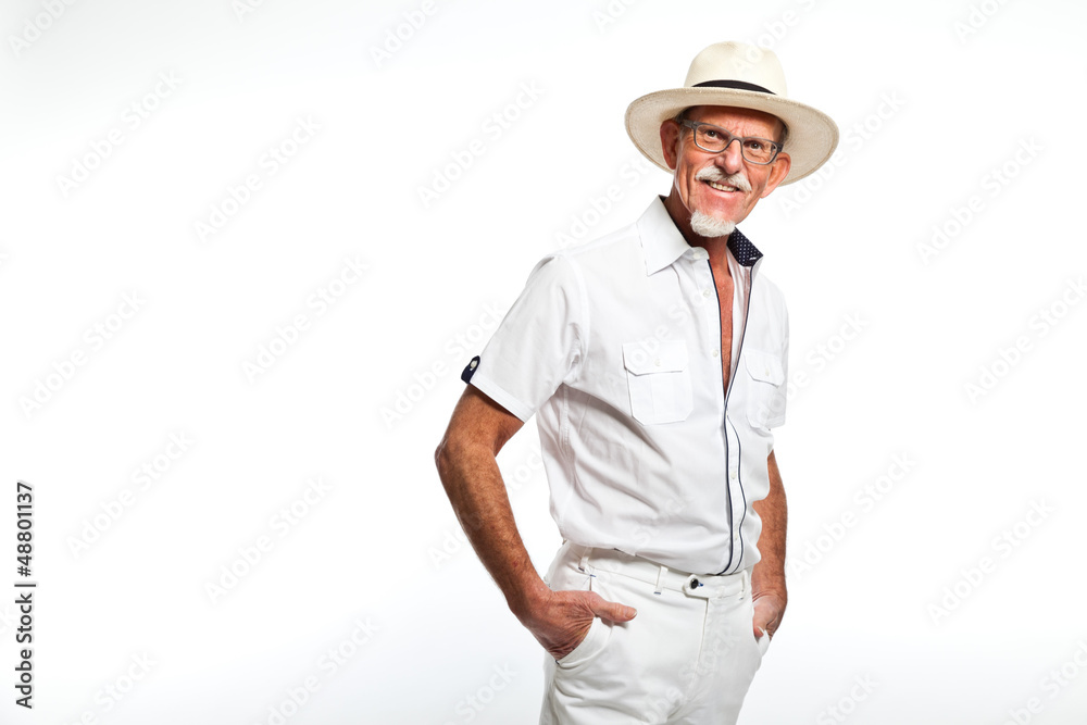 Well summer dressed senior man with hat. Isolated. Well summer dressed senior man with hat. Isolated.