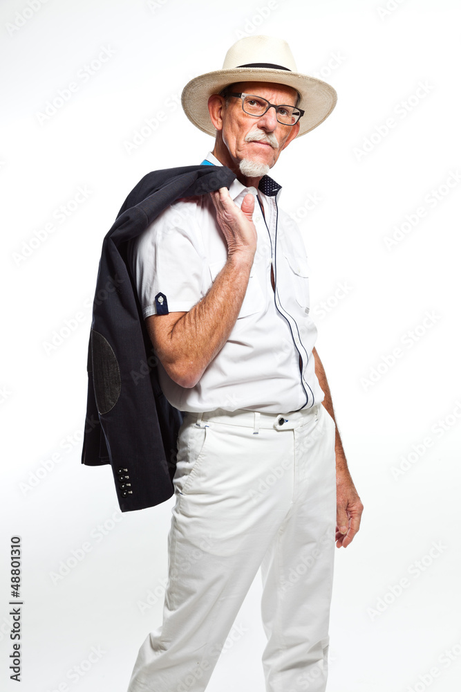 Well summer dressed senior man with hat. Isolated. Well summer dressed senior man with hat. Isolated.