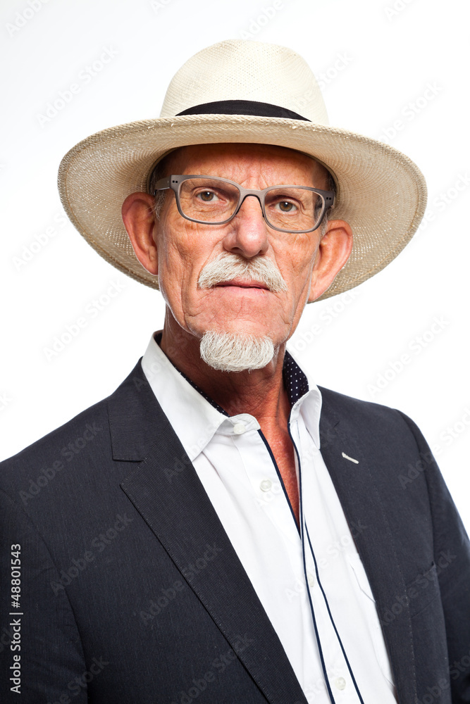 Well summer dressed senior man with hat. Isolated. Well summer dressed senior man with hat. Isolated.
