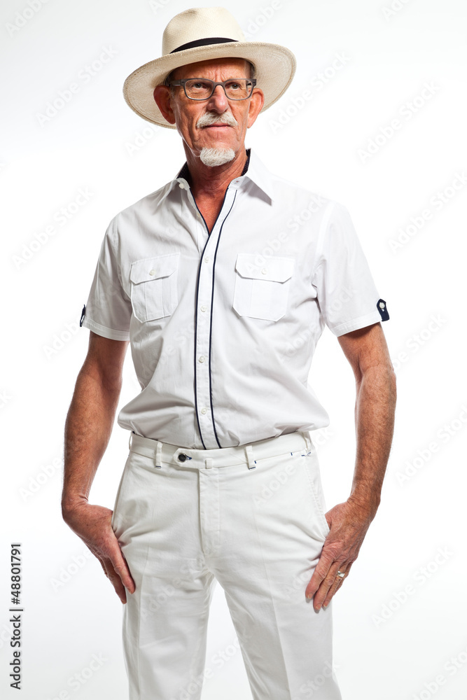 Well summer dressed senior man with hat. Isolated. Well summer dressed senior man with hat. Isolated.