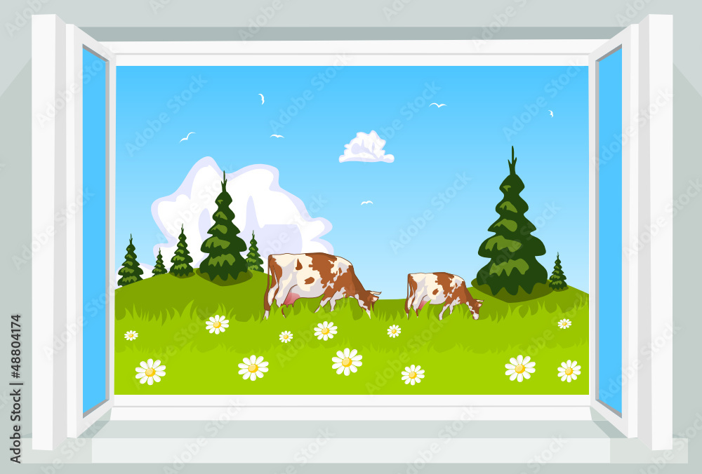 Naklejka premium Spring scene through opened window, illustration