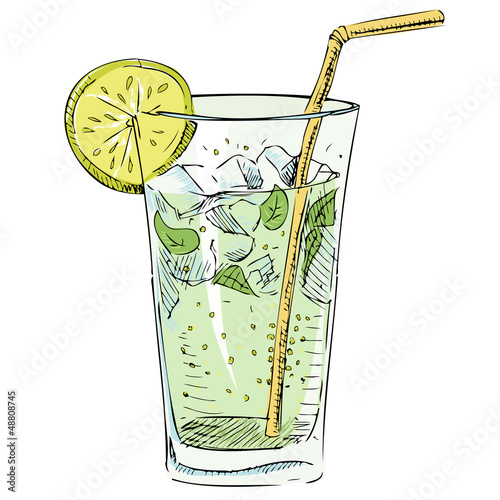 Soda glass with citrus segment and ice cubes