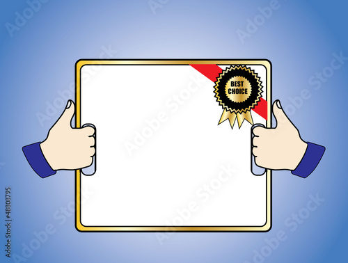 Best Choice Badge on a White Board held in 2 thumbs up hands