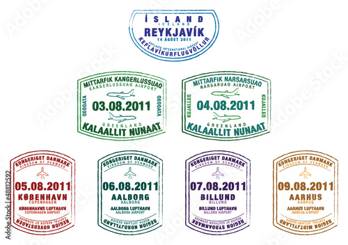 Passport stamps from Iceland, Greenland and Denmark