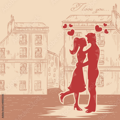 Happy couple in love with hearts