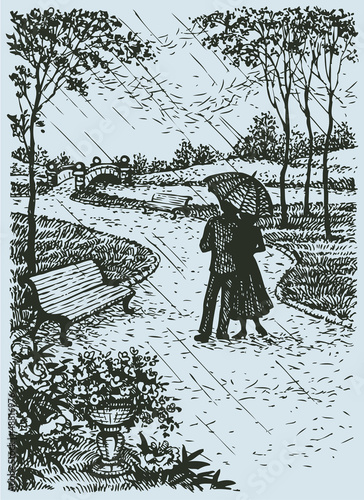 Vector landscape. Young couple with umbrella walking through par