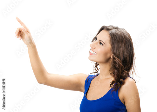 Woman pointing or pressing virtual button