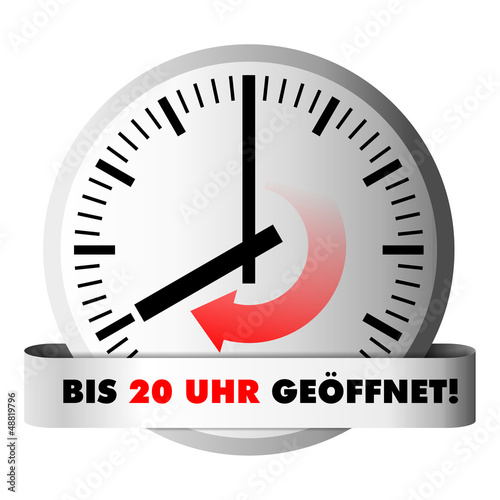 Uhr zeigt Öffnungszeit 20 Uhr