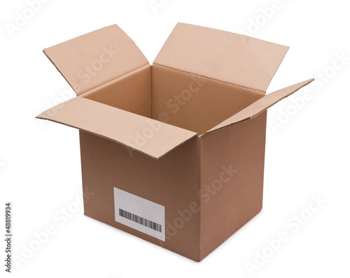Open cardboard box with a bar code