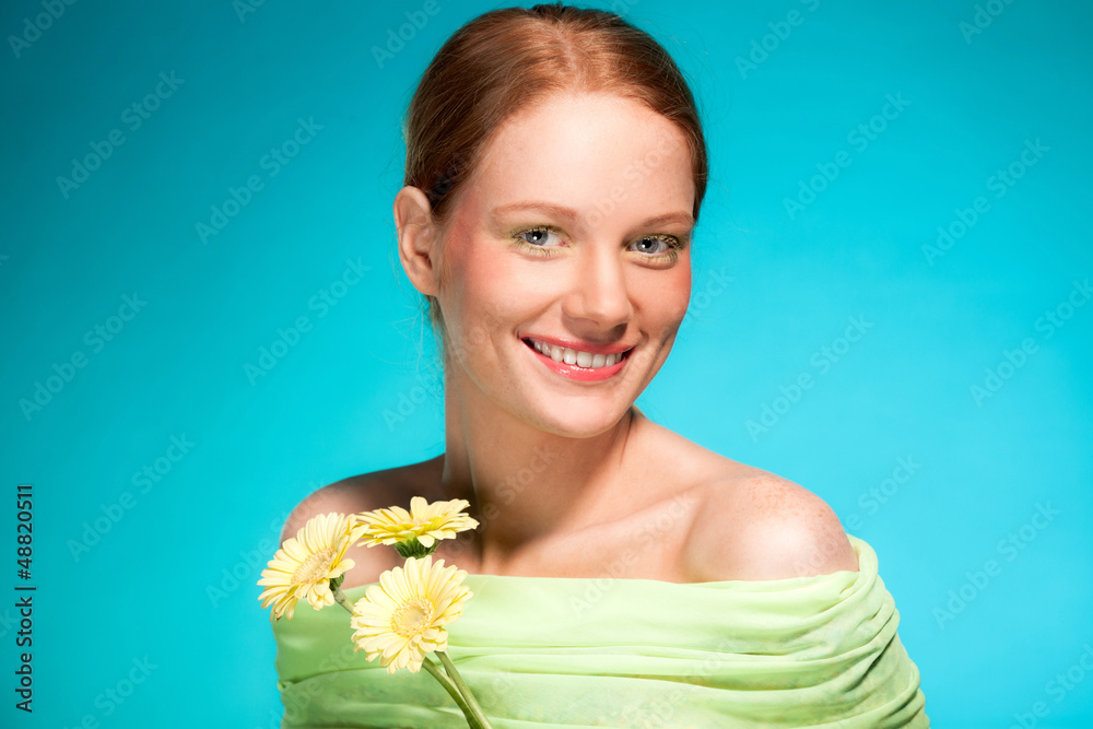 Beauty portrait of woman with flowers and red hair. Beauty portrait of woman with flowers and red hair.