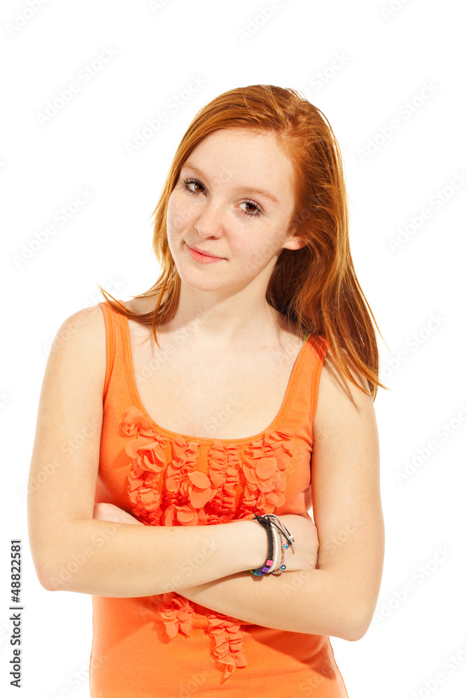 portrait girl with long red hair on white background