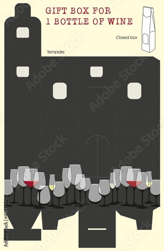 Gift box for one bottle of wine.Vector template.