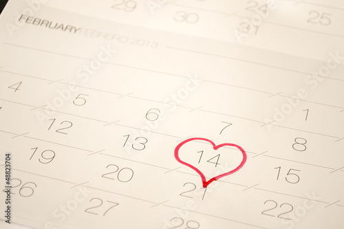 a heart in the 14th on a calendar reminder Valentine day