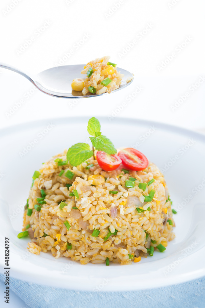 Delicious Chinese egg fried rice on dining table