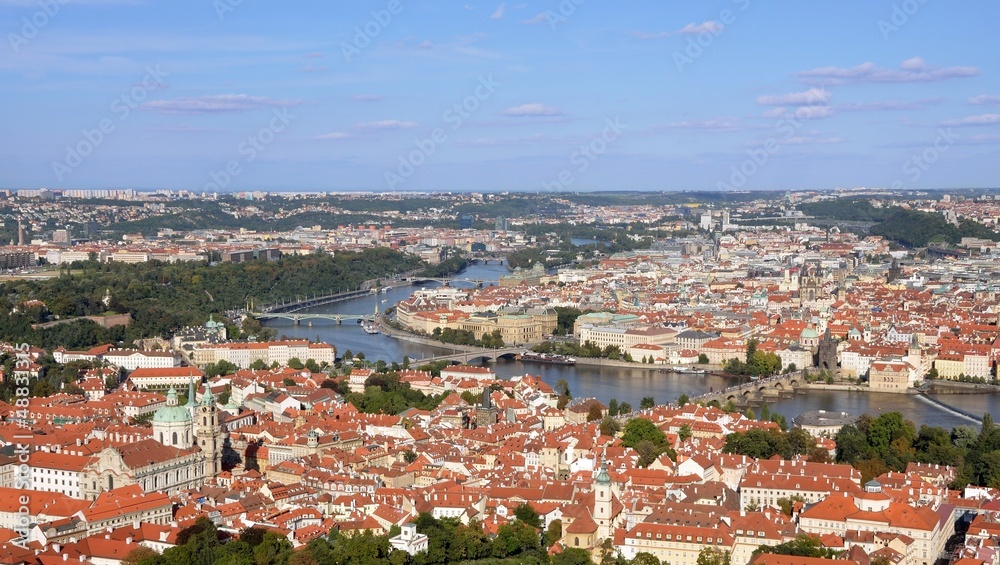 Landscape shot of old Prague center with Vltava river.