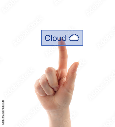 Cloud computing concept with hand on white background.