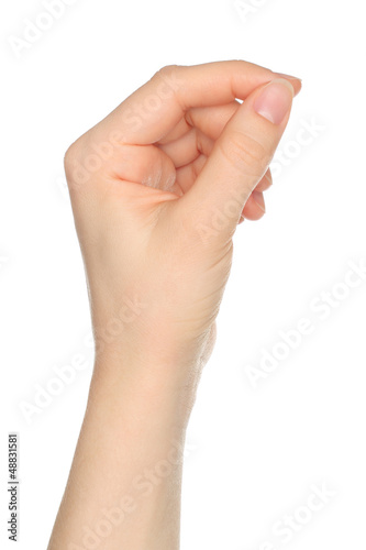 Woman hand like holds charge card on white backround.