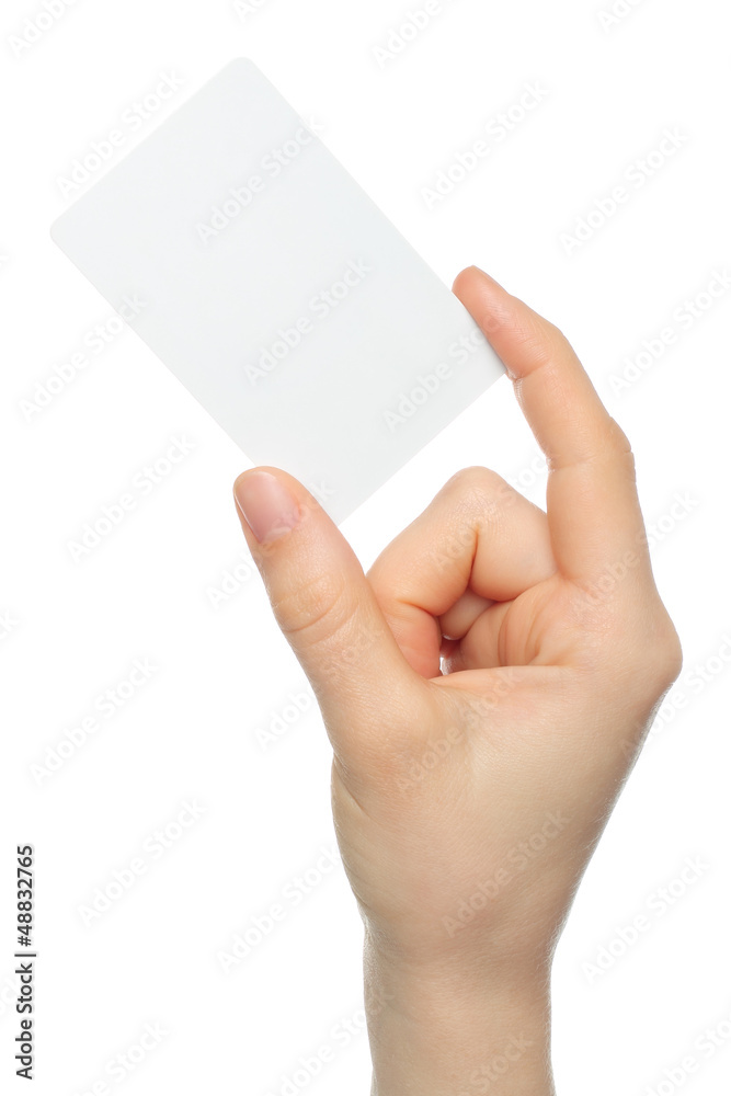 Hand holds charge card on white background .
