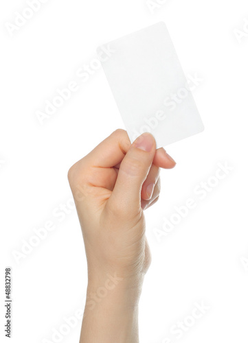 Hand holds charge card on white background . © rvlsoft