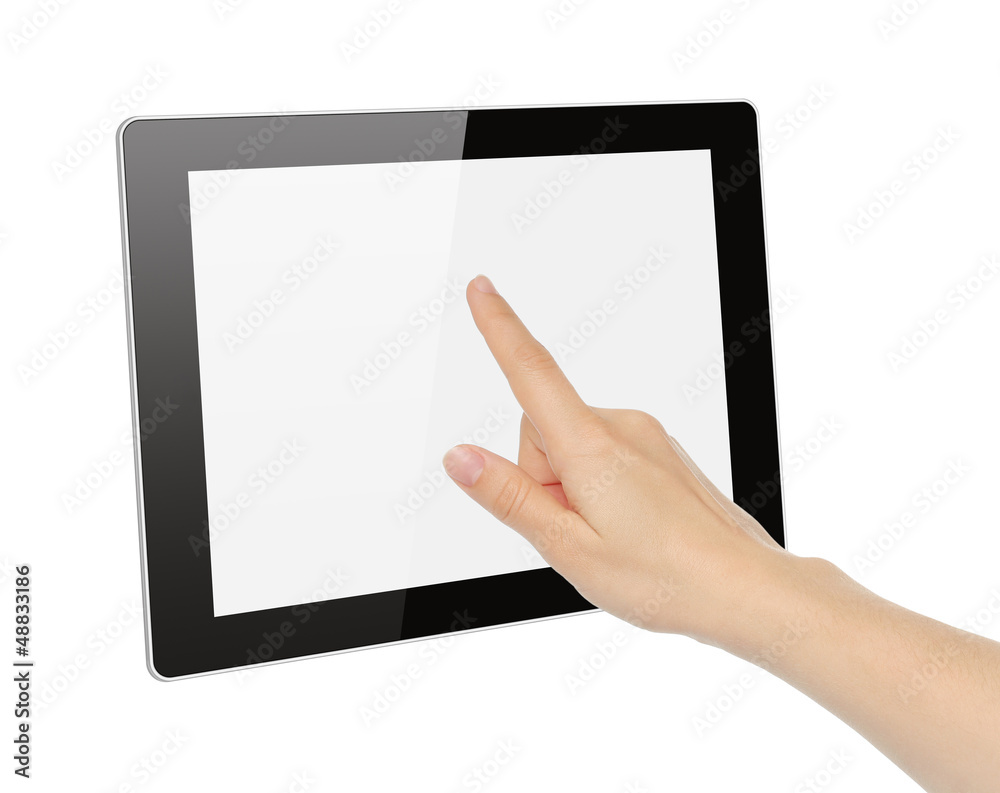 Hand toching tablet PC isolated on white background.