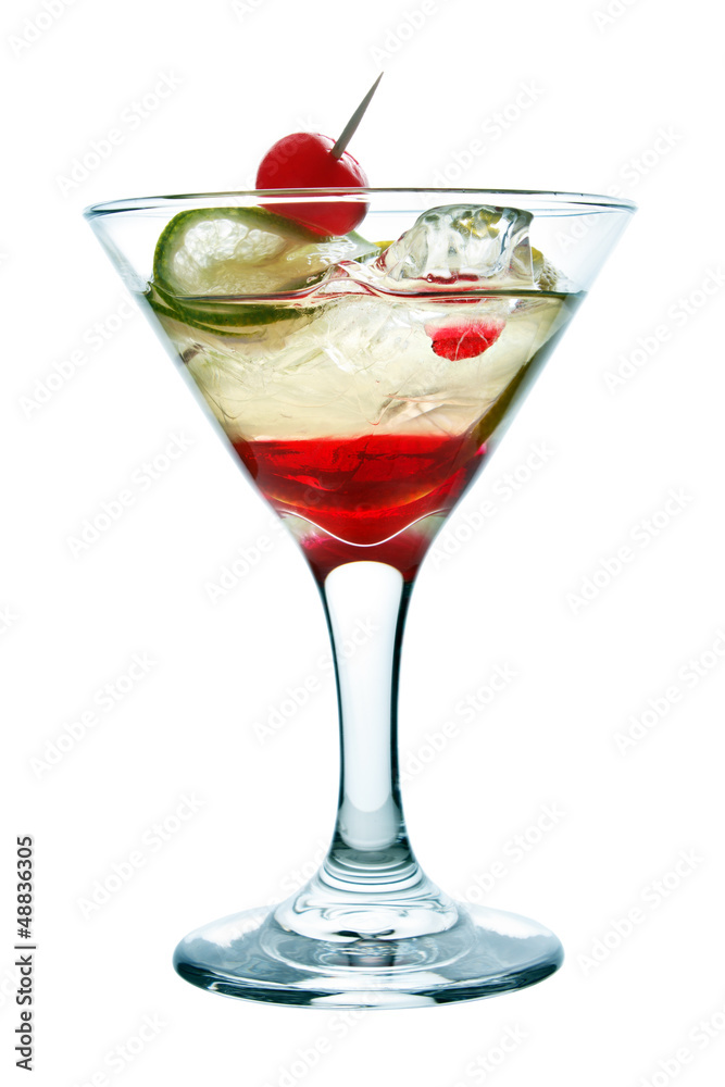 Cocktail with lemon slice, cherry and ice , isolated