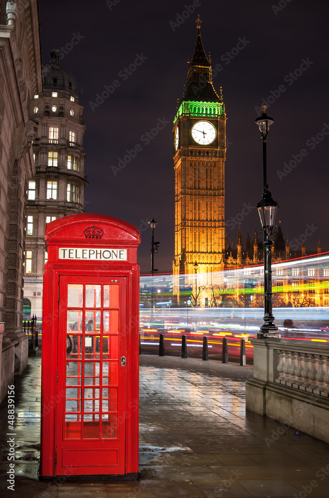 London Telephone Box with Big Ben & Bus Trails