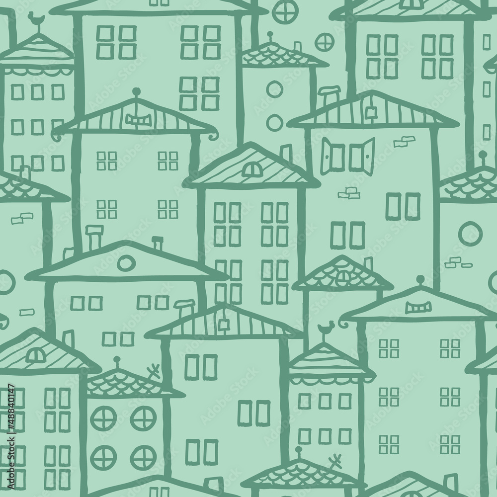 Vector doodle town houses seamless pattern background with hand