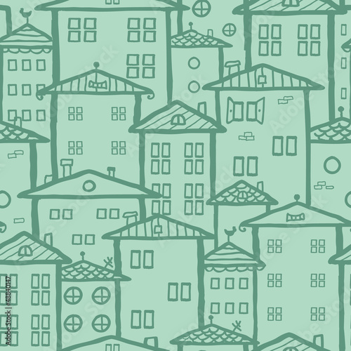 Vector doodle town houses seamless pattern background with hand