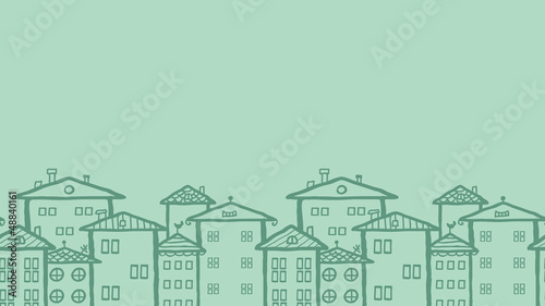 Vector doodle town houses horizontal seamless pattern border