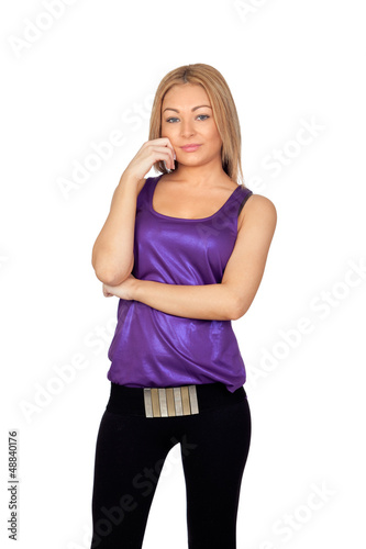 ttractive woman with a purple t-shirt