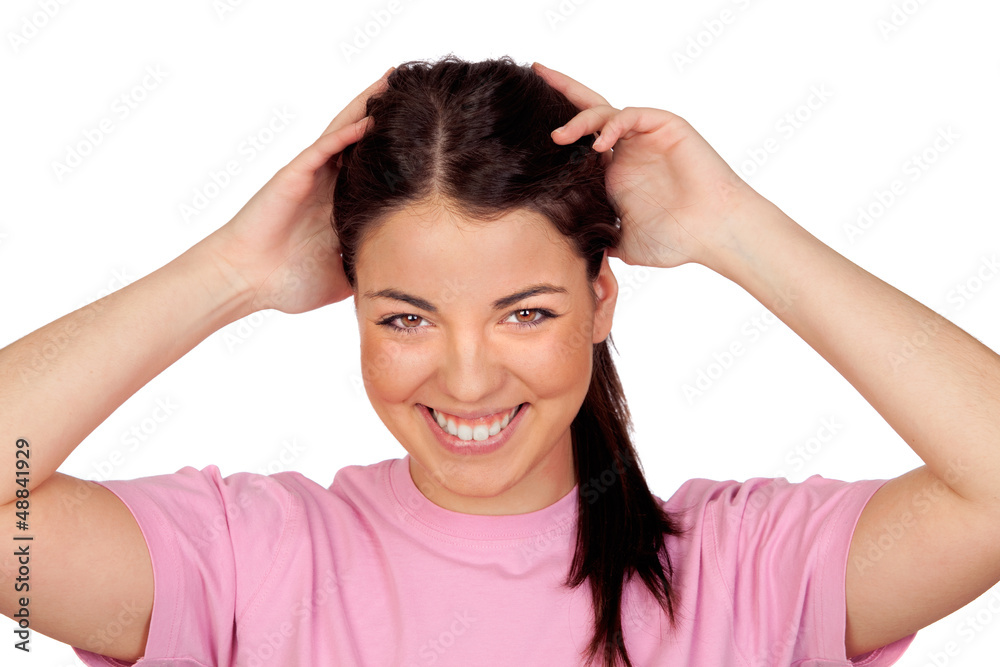 Surprised brunette girl laughing