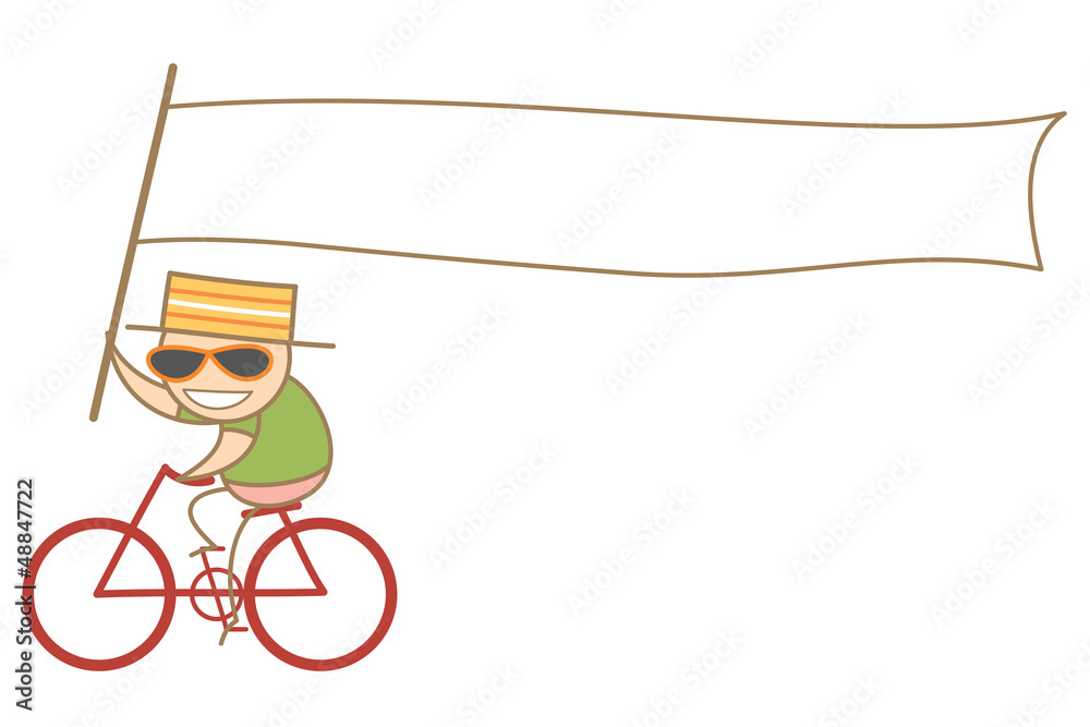 cartoon character of man holding  long flag  riding bike