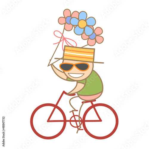 cartoon charater of man holding flowrer riding bike