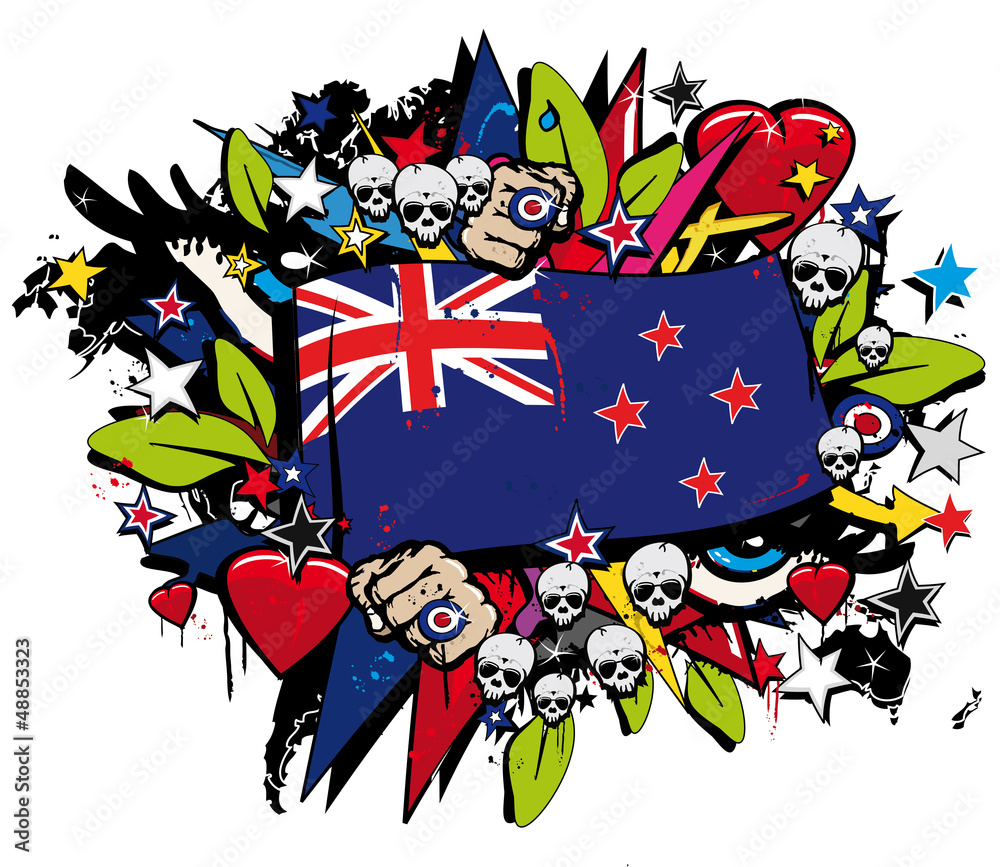 Fototapeta premium New Zealand flag maori street art graffiti illustration
