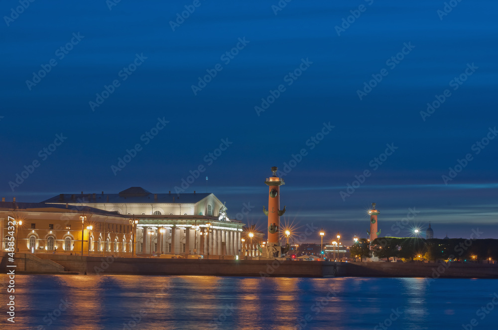 Spit of Vasilevsky Island to St. Petersburg at night