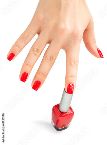 Hand with red nail polish. isolated