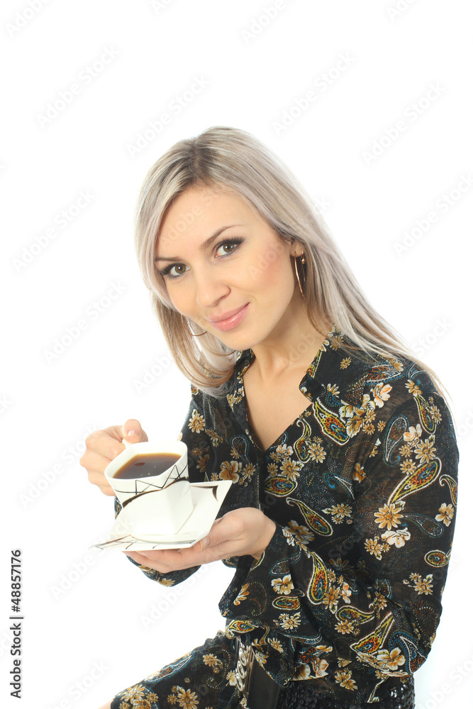 Charming blonde attractive girl drinking coffee with pleasure Charming blonde attractive girl drinking coffee with pleasure