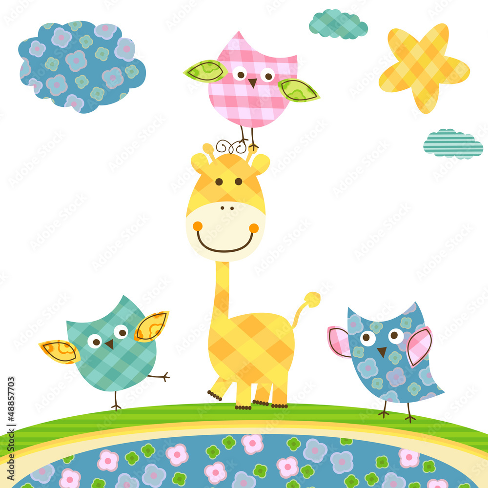 Obraz premium słodkie sowy i żyrafa