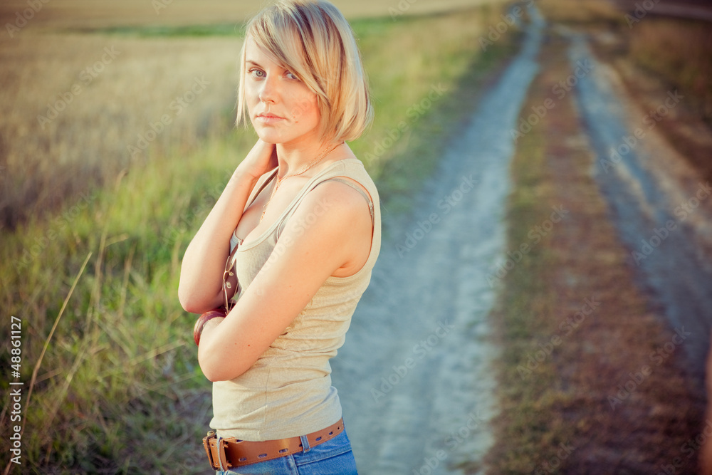 Image of young woman on the road Image of young woman on the road