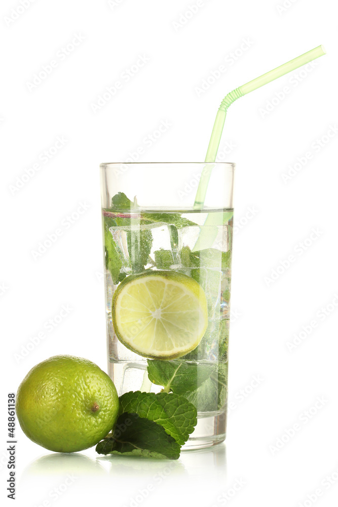 Glass of water with ice, mint and lime isolated on white Glass of water with ice, mint and lime isolated on white