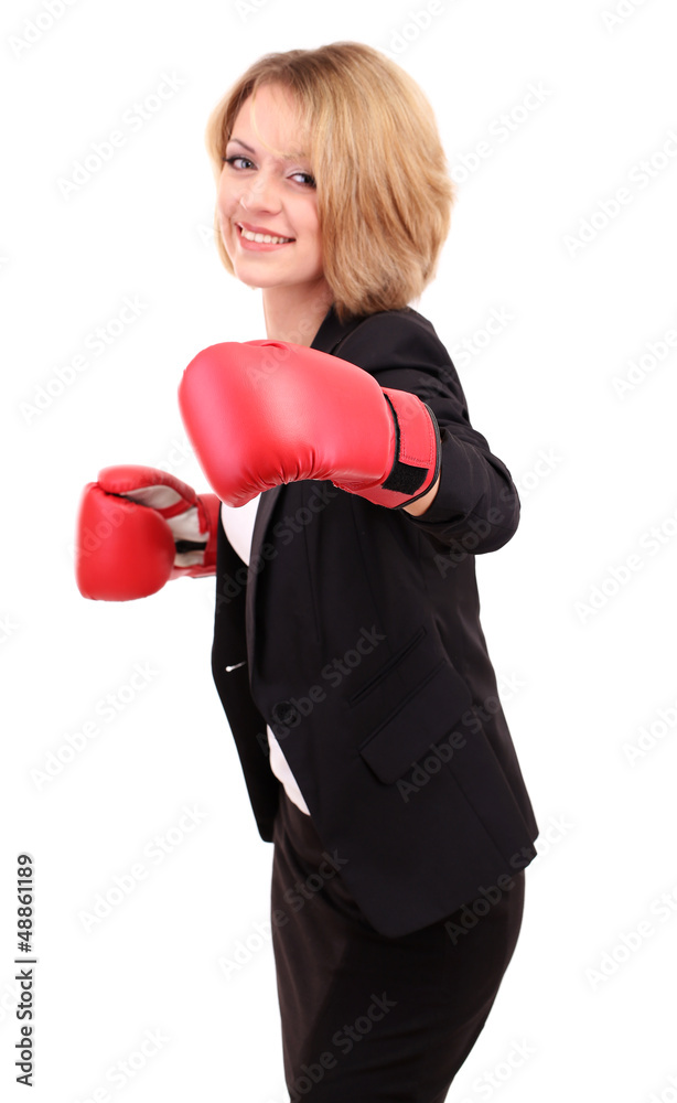 Young beautiful business woman with boxing gloves isolated Young beautiful business woman with boxing gloves isolated