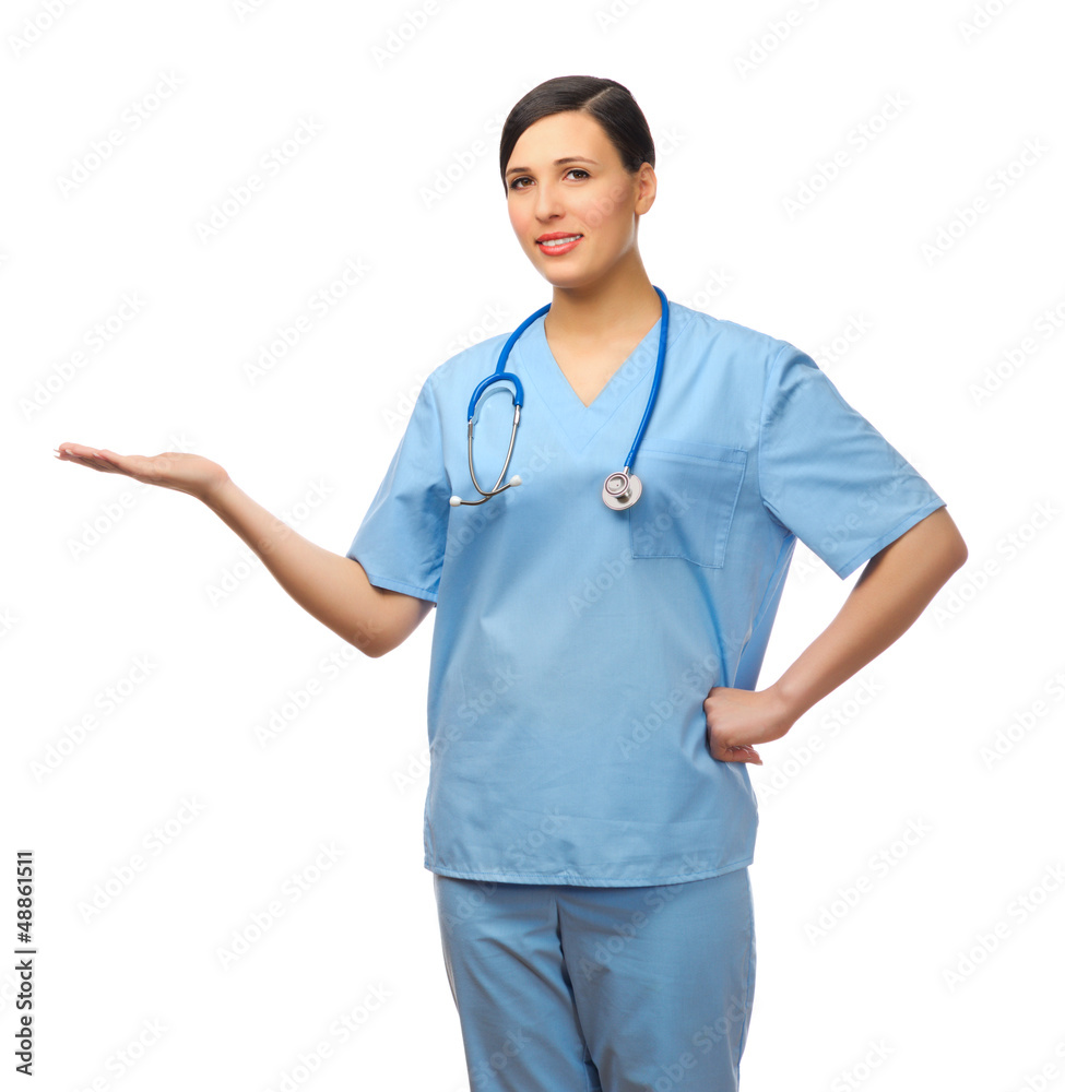 Young doctor showing welcome gesture Young doctor showing welcome gesture