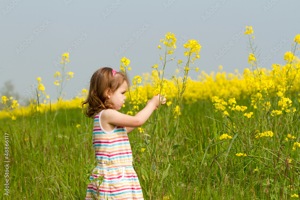 Naklejka premium Child in a flower field