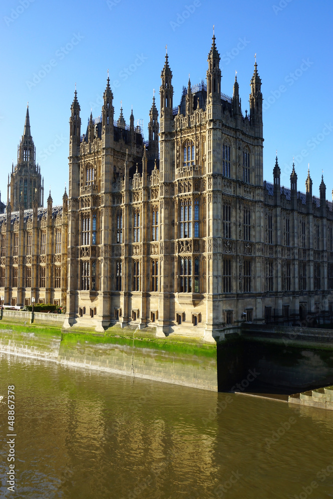 The Palace of Westminster, view from Thames river in London.