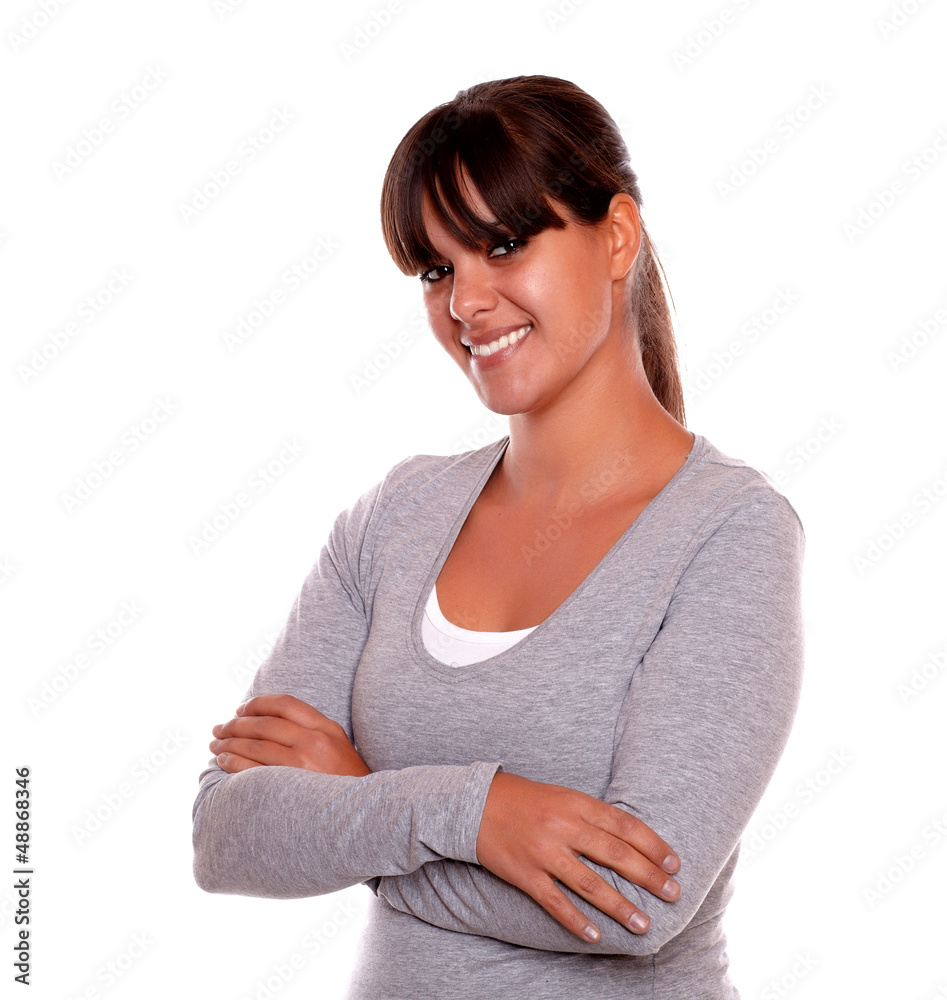 Charming relaxed woman smiling and looking at you Charming relaxed woman smiling and looking at you